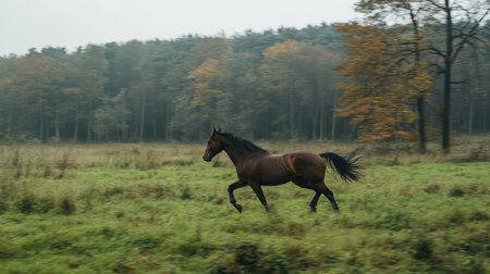 A beautiful brown horse runs gracefully through a scenic autumn landscape, showcasing the vibrant colors of nature and the peacefulness of rural life.の素材