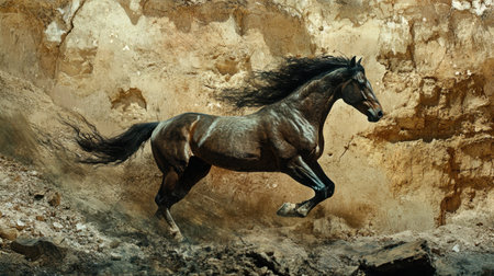 A stunning image of a horse in mid-gallop, showcasing its powerful physique and flowing mane against a rugged background, capturing the essence of freedom.の素材