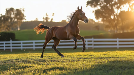 A stunning image of a horse exuberantly running across a lush green field at sunset, capturing the essence of freedom and vitality in a serene landscape.の素材