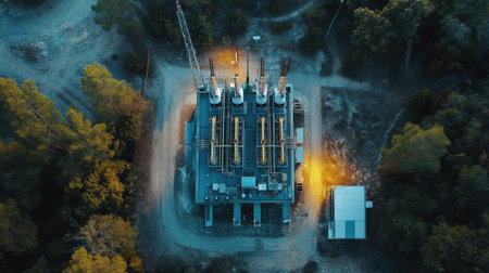A stunning aerial view of an industrial substation at dusk, showcasing advanced equipment and its integration with surrounding natural landscapes.の素材