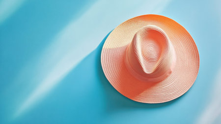 This vibrant straw hat in coral color rests on a soft blue background, perfect for summer fashion and vacation themes. Ideal for lifestyle and travel projects.の素材