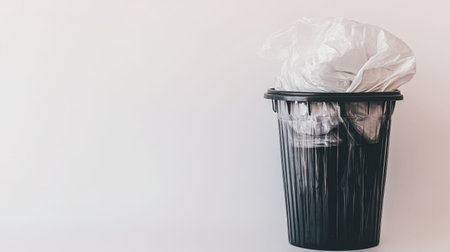 A black plastic trash bin filled with a white garbage bag sits against a light background, symbolizing waste management, organization, and cleanliness.の素材
