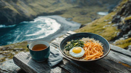 Enjoy a picturesque scene of a wholesome meal featuring rice, fresh vegetables, and a sunny side egg, complemented by a cup of tea amidst a breathtaking coastal view.の素材