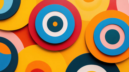 This image features a lively arrangement of colorful geometric circles, creating an eye-catching abstract background perfect for modern design projects.の素材