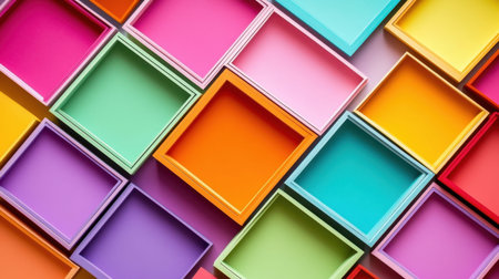 Bright and colorful square boxes arranged in a playful pattern create an uplifting and artistic backdrop. Perfect for design and creativity themes.の素材