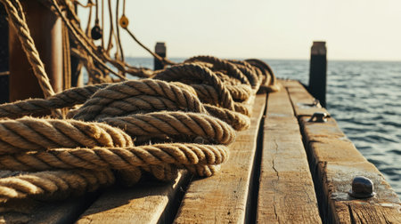 A serene close-up view of coiled rope resting on weathered wooden dock planks, capturing the tranquil essence of the ocean at sunset.の素材