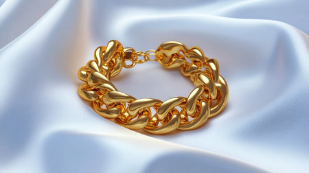 This stunning gold bracelet sits gracefully on soft satin fabric, exuding elegance and luxury, ideal for jewelry enthusiasts and fashion lovers alike.の素材