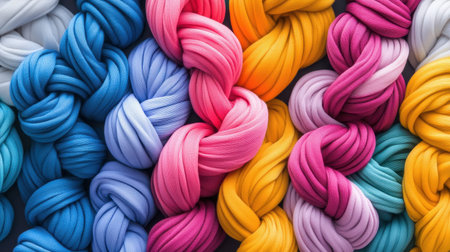 Explore an artistic arrangement of colorful textile strands perfect for crafting and DIY projects. Vibrant hues inspire creativity and imagination.の素材