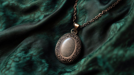 Explore the beauty of a vintage silver necklace resting on luxurious green silk fabric. The intricate detailing and elegant design capture timeless charm and artistry.の素材