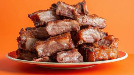 A mouthwatering display of juicy barbecue pork ribs stacked on a plate, showcasing rich flavors and a perfect charred texture against a bright orange background.の素材
