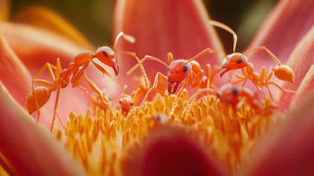 A captivating macro shot showcasing ants diligently gathering pollen from the vibrant petals of a flower, highlighting the intricate details of nature.の素材