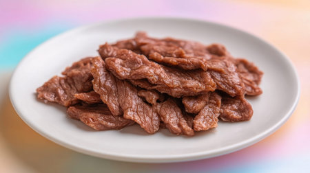 A close-up view of fresh and delicious jerky arranged on a white plate, highlighting its texture and flavor against a soft, colorful background.の素材