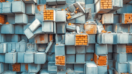 A close-up view of a crumbling wall featuring gray concrete blocks interspersed with exposed brick sections, showcasing urban decay and texture.の素材