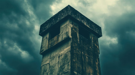 A solitary tower rises against a backdrop of dark storm clouds, highlighting a gritty concrete texture that evokes a sense of mystery and desolation.の素材