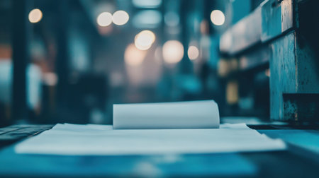 A close-up view of a blank paper roll resting on a flat surface in a modern workshop setting, featuring soft lighting and industrial background elements, evoking creativity and craftsmanship.の素材