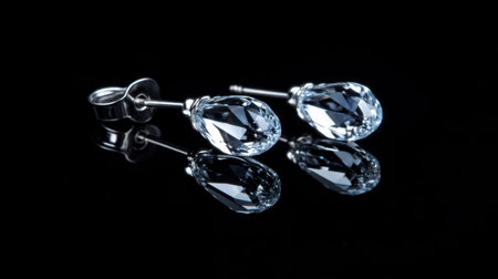 Captivating tear drop earrings showcasing brilliant crystal reflections against a sleek black background, perfect for jewelry advertising or fashion photography.の素材