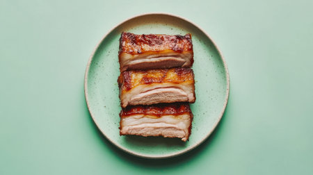 A beautifully arranged plate featuring three slices of crispy pork belly, showcasing rich textures and flavors that enhance any culinary delight.の素材