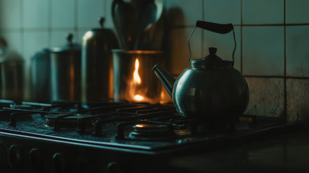 This serene kitchen scene captures a kettle on a stove, softly illuminated by natural light, creating a warm and inviting atmosphere perfect for tea preparation.の素材