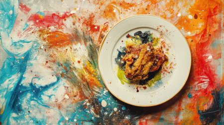 A beautifully arranged gourmet fried chicken dish sits on a plate against a dynamic abstract background, showcasing the fusion of culinary art and vibrant colors.の素材