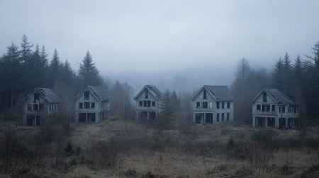 A hauntingly beautiful scene featuring abandoned houses enveloped in fog, surrounded by trees and an atmosphere of solitude and decay.の素材
