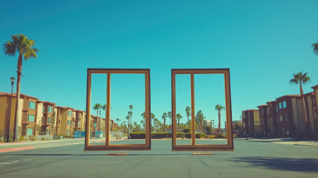 Two oversized picture frames stand on an empty urban street, surrounded by palm trees and modern buildings under a clear blue sky, creating a vibrant scene.の素材
