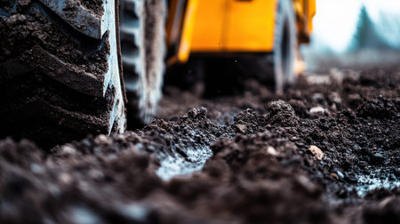 This close-up image captures the tire tracks of heavy machinery in wet soil, showcasing the detailed texture of the ground at a construction site.の素材