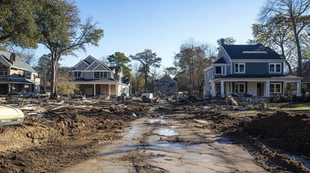 The image captures the aftermath of a natural disaster in a residential neighborhood, showcasing damaged homes amidst muddy paths and debris scattered everywhere.の素材