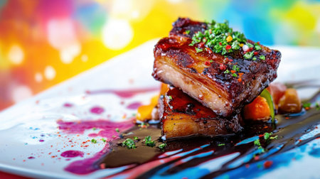 An eye-catching plate featuring braised pork belly drizzled with colorful sauce and topped with fresh herbs. A perfect representation of modern gourmet dining.の素材