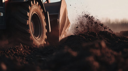 A powerful heavy machinery vehicle digs into the earth, sending up clouds of dust at sunrise, showcasing the interplay of nature and industry in action.の素材