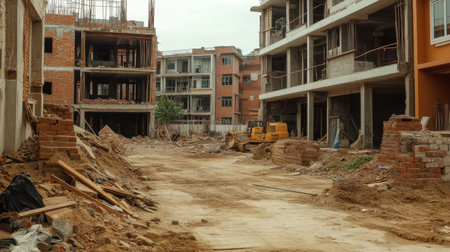 An urban construction site showcases heavy machinery amidst partially constructed buildings and scattered debris, illustrating development and renovation efforts.の素材