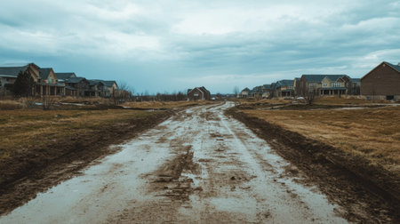 A muddy dirt road leads through a new suburban development, featuring empty plots and homes under a dramatic overcast sky. The scene captures the blend of nature and architecture.の素材