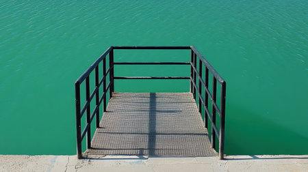 This image showcases a metal dock extending into calm turquoise water on a bright sunny day, inviting reflection and relaxation in a serene outdoor environment.の素材
