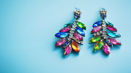 This image features a pair of vibrant earrings adorned with multi-colored gemstones, set against a bright blue background. Perfect for showcasing elegance and style.の素材