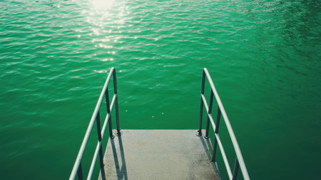 This image captures a peaceful access point leading to serene green water, glimmering under bright sunlight, inviting relaxation and exploration.の素材
