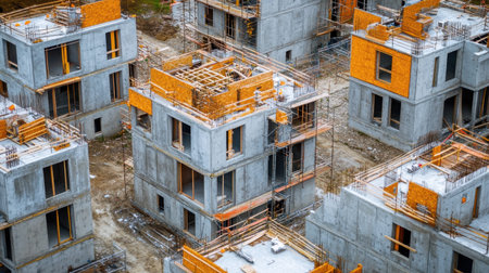 A detailed aerial view showcasing an urban construction site with concrete structures and wooden framework under development, illustrating modern construction techniques.の素材