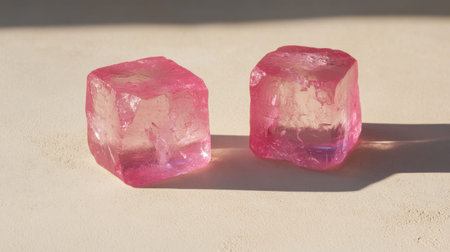Two vibrant pink ice cubes with crystal clear texture reflect natural light, creating a stunning visual for drinks or artistic displays. Perfect for summer.の素材