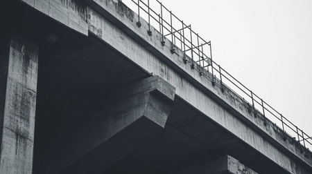 This image showcases a modern concrete overpass with industrial design elements set against a gray sky, highlighting the strength and simplicity of urban architecture.の素材