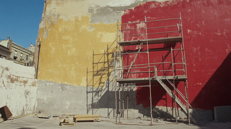 This image captures an urban construction scene showcasing a partially painted wall in vibrant yellow and red, featuring scaffolding and building materials.の素材