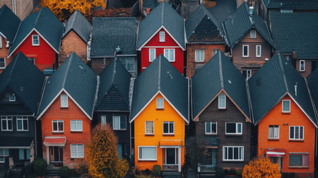 A vibrant aerial view of colorful rooftops in a residential neighborhood with autumn trees surrounding the homes, showcasing architectural diversity.の素材