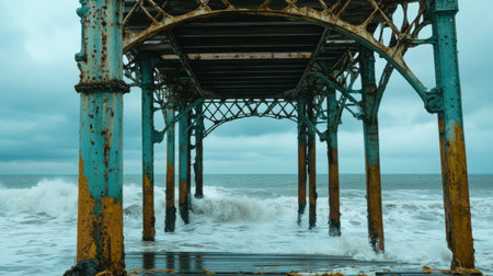 This captivating photograph illustrates a weathered pier structure overlooking the tumultuous sea, with crashing waves beneath a moody sky. Perfect for showcasing coastal beauty.の素材