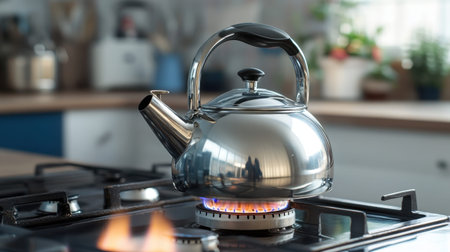 A sleek stainless steel kettle sits on a gas stove, producing steam as it boils water, surrounded by a cozy kitchen atmosphere with plants.の素材