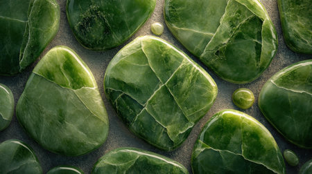 This close-up image showcases a collection of smooth green stones, each with unique textures and shades. The natural light enhances their vibrant colors, making it an ideal choice for nature-themed projects, backgrounds, or wellness-focused designs.の素材
