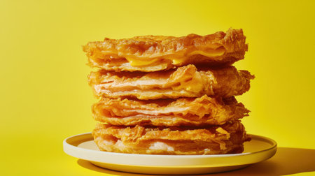 A stack of golden, flaky pastries sits on a white plate, showcasing their crisp layers against a vibrant yellow backdrop. Perfect for food lovers.の素材