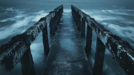 A captivating view of an old, weathered pier extending into tumultuous waters, surrounded by dark clouds that create an evocative atmosphere.の素材