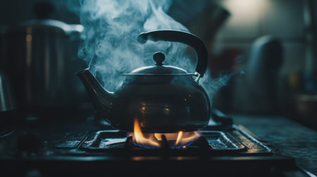 A serene kitchen scene featuring a silver teapot on a gas stove, with steam gently rising. The warm glow and cozy atmosphere create a perfect setting for relaxation and tea preparation.の素材