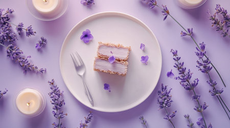 A visually appealing dessert featuring lavender cake slices, adorned with petals and surrounded by soft purple candles and natural lavender. Perfect for a serene setting.の素材