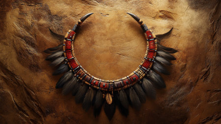 This striking tribal necklace showcases vibrant colors and natural materials, perfect for cultural representation or artistic photography, emphasizing craftsmanship.の素材
