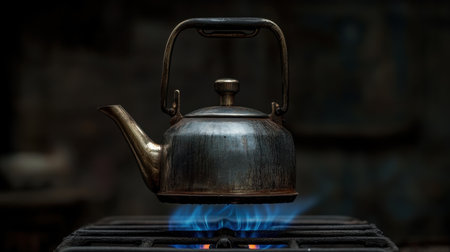 A vintage metal kettle gracefully boils on a stove, with vibrant blue flames creating a warm atmosphere. This striking image captures the essence of home cooking and coziness.の素材