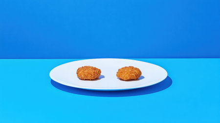 This vibrant image features two golden crispy fried chicken nuggets placed on a sleek white plate. The bright blue background enhances the visual appeal, perfect for food photography.の素材