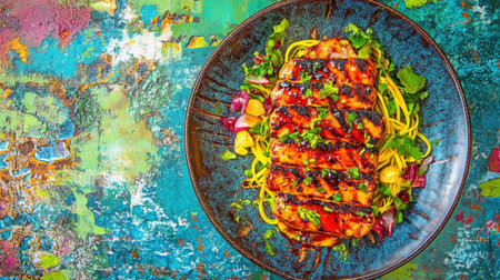 A visually stunning dish featuring grilled chicken breast served over noodles and adorned with fresh vegetables, all set against a vibrant and artistic background.の素材